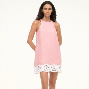 STAUD Mika Pink Linen Mini Dress with Flower Hem
